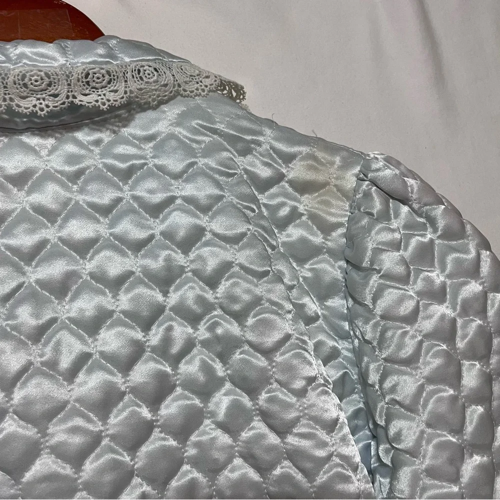 Vintage Dior Junior Quilted Satin‎ Lace Trim Robe Coat Light Blue Hostess 1960s
